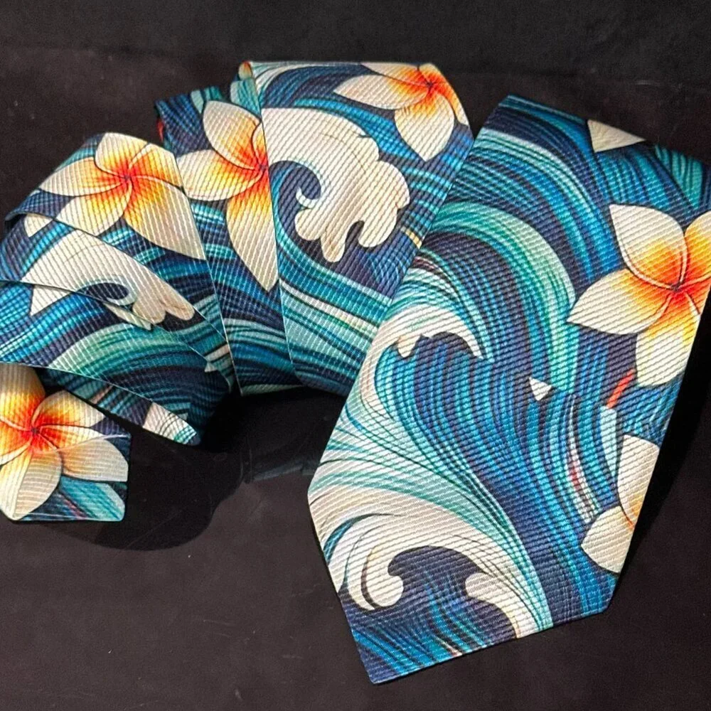 Hawaiian Floral Menswear Necktie Aloha Neckwear Resort Gift Tropical Blue Tie
